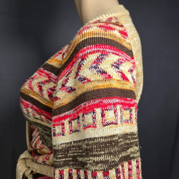Vintage 70s Boho Belted Cardigan Womens Size S Beige Aztec Print Flared Sleeves - Picture 7 of 11